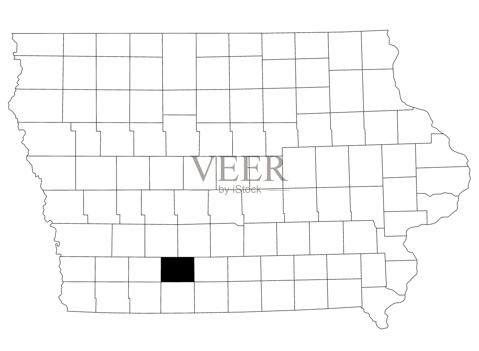 美国爱荷华州地图，背景为白色。地图上有一个县被黑色突出显示。美国，美利坚合众国插画图片素材