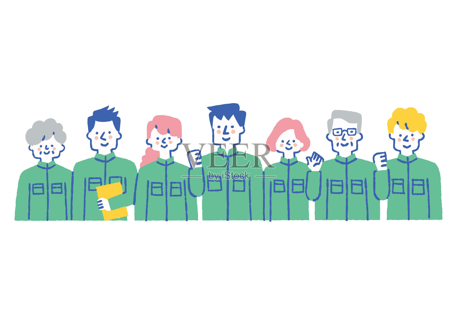 穿着工作服的各年龄段员工_彩色插画图片素材