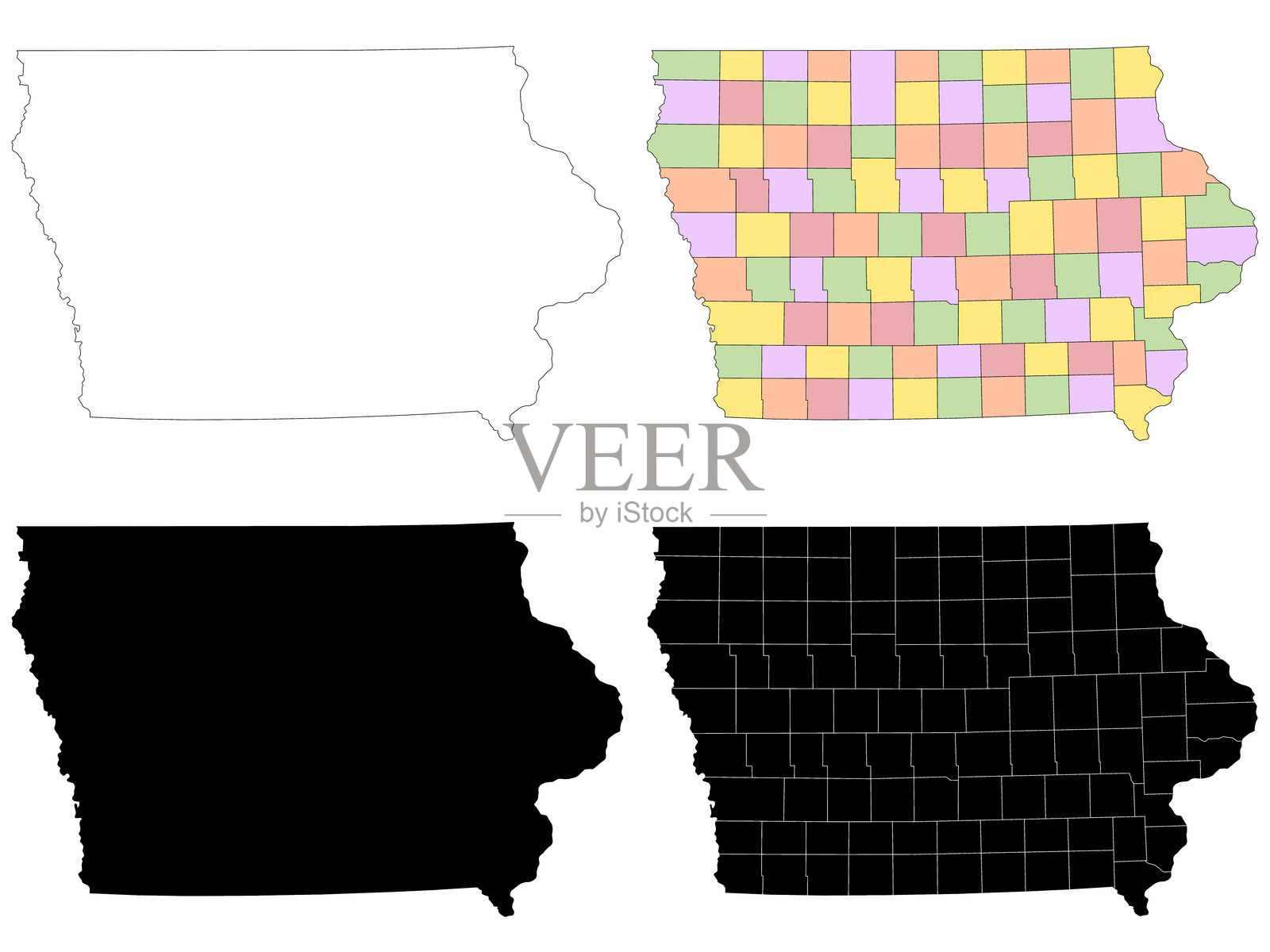 爱荷华州地图。爱荷华州行政地图、爱荷华州轮廓和县州地图集 - 插画版插画图片素材