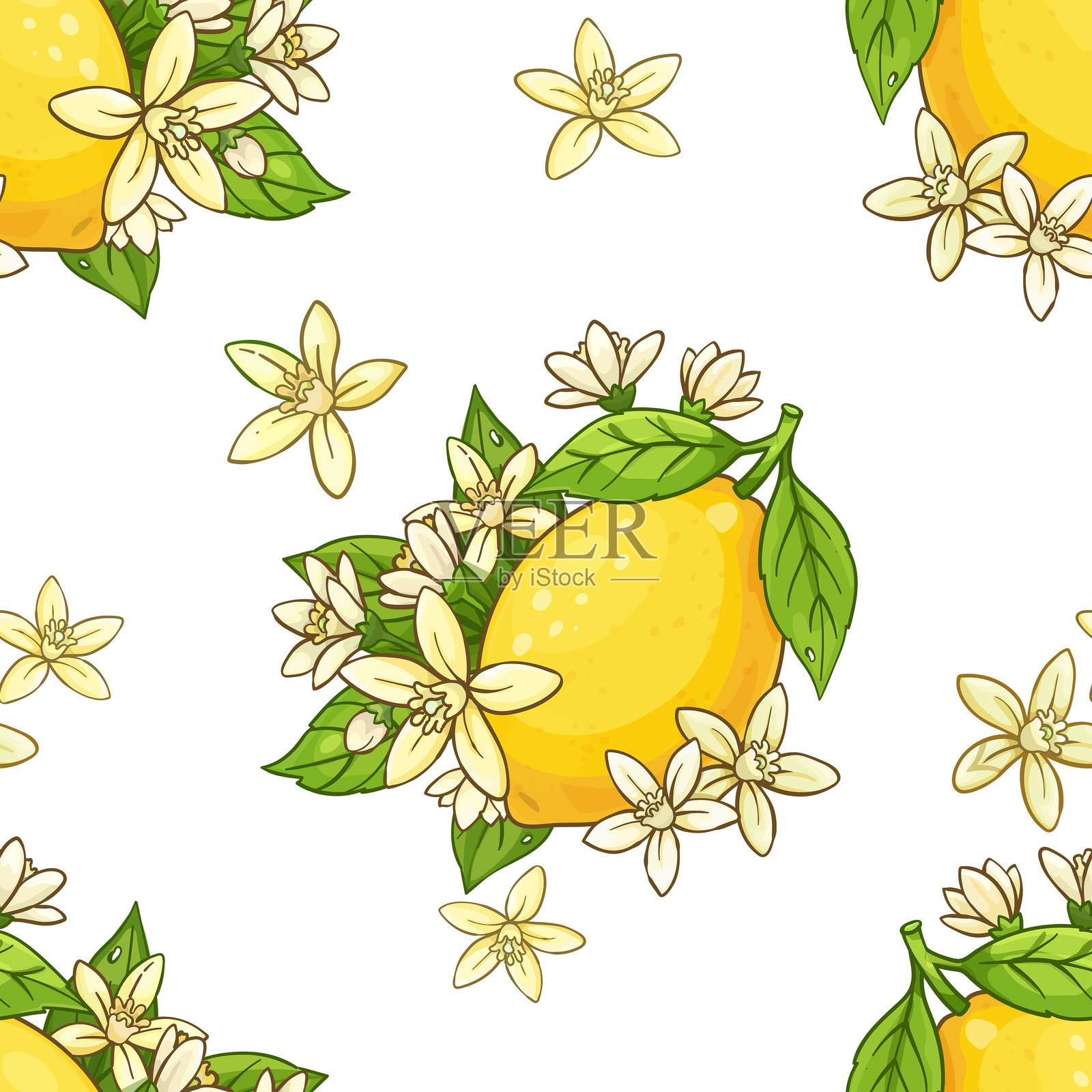 明亮的黄柠檬和绿叶的无缝图案插画图片素材
