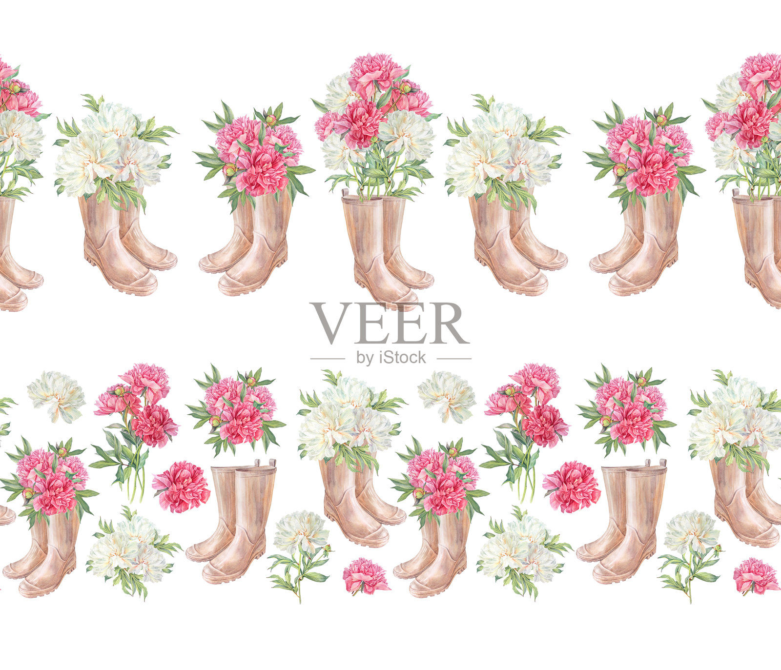 水彩画，粉色和奶白色牡丹的无缝边框插画图片素材