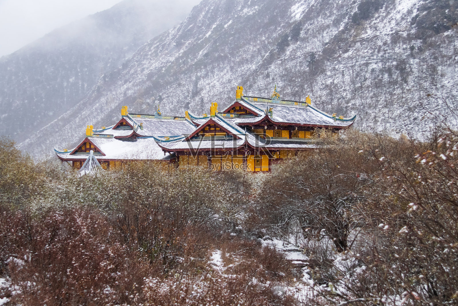 黄龙国家公园，四川，中国，联合国教科文组织世界遗产地，雪山灌木丛中坐落着一座被白雪覆盖的寺庙，寺庙有着华丽的弯曲屋顶和金色装饰，营造出宁静的冬日氛围。照片摄影图片