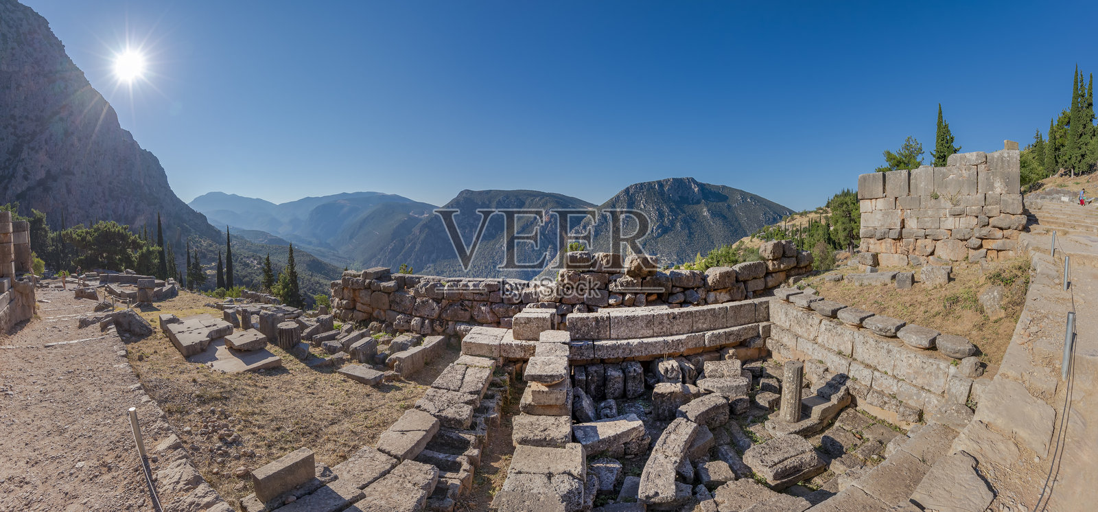 俯瞰阿波罗神庙遗址,也称为阿波罗尼翁,是位于希腊中部泛希腊宗教圣地的主要组成部分,供奉着希腊主要神祇之一的阿波罗,帕纳索斯山,德尔斐,希腊,欧洲照片摄影图片