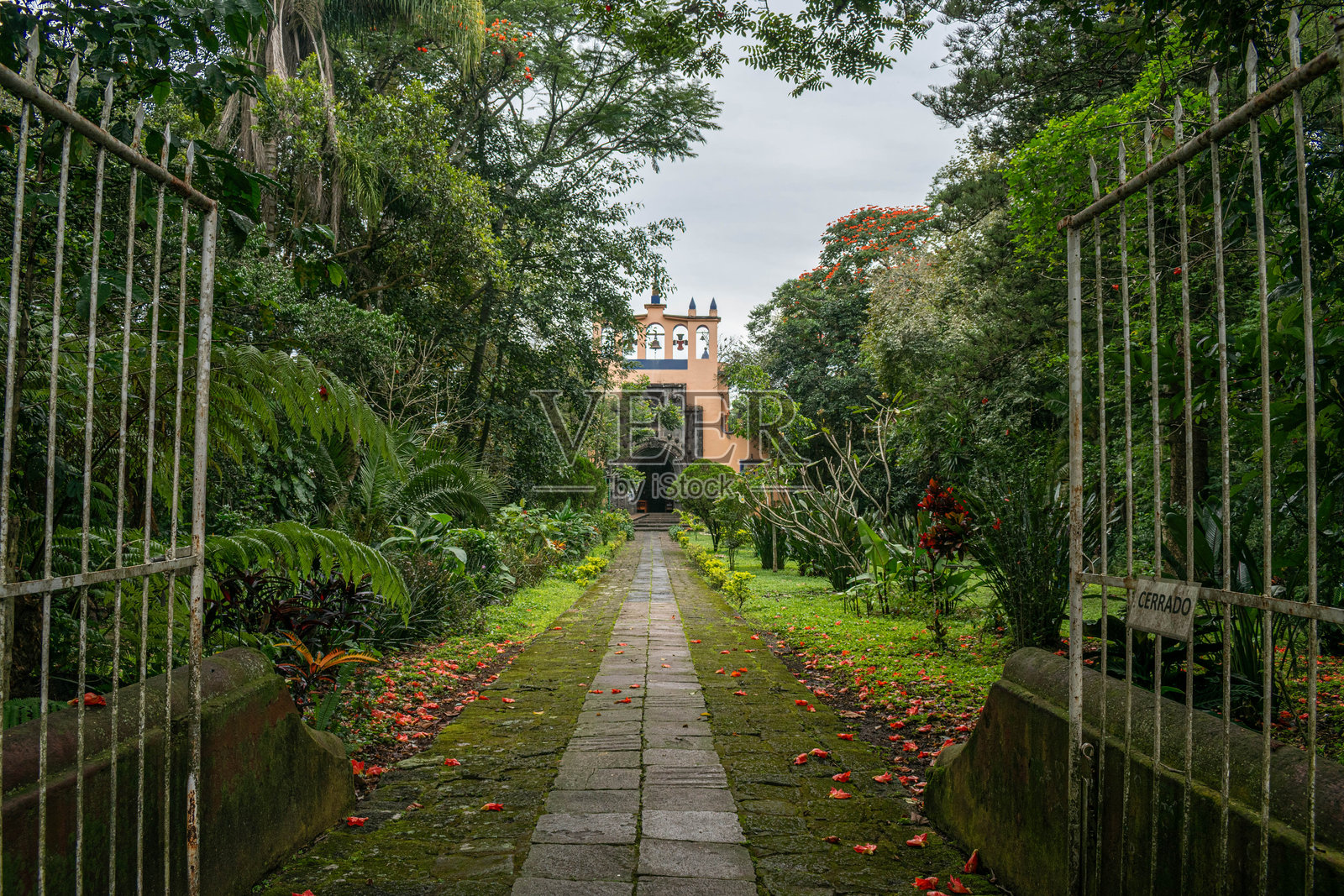 长满苔藓的石径通往墨西哥哈拉帕的和平圣母堂照片摄影图片