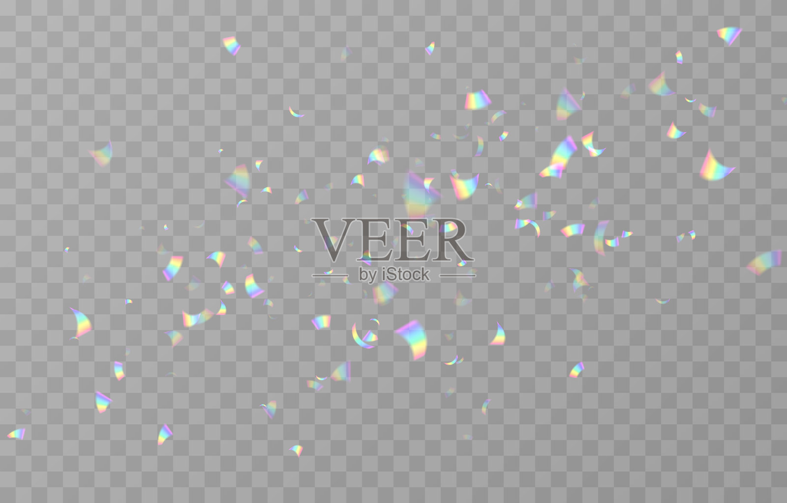 飘落的全息彩色纸屑。闪亮的彩虹色纸屑。飘落的彩带或亮片，背景透明。插画图片素材