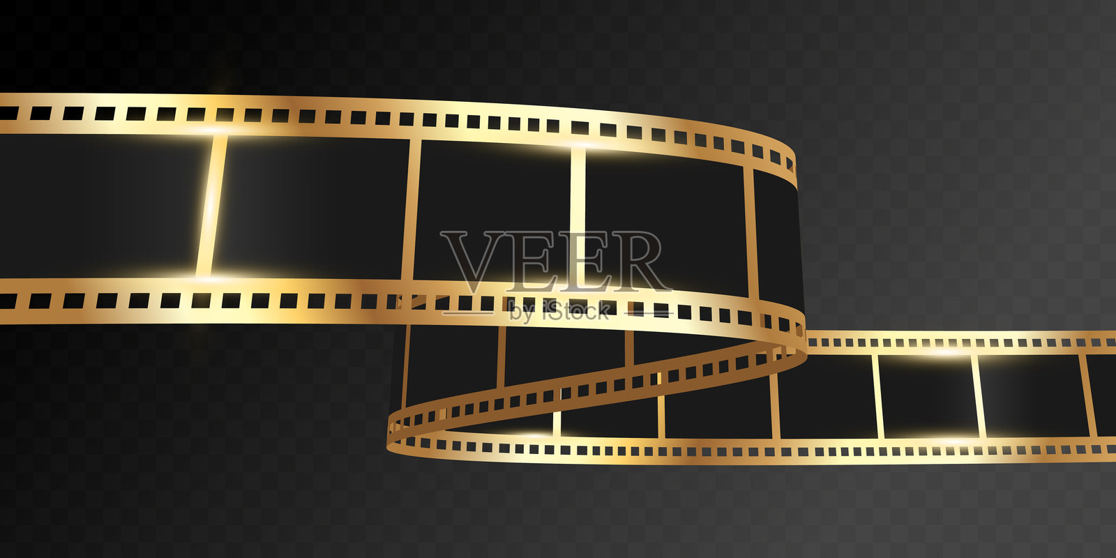 深色透明背景上闪亮的折叠金色胶片胶带。透视胶片。电影胶片带。矢量图插画图片素材
