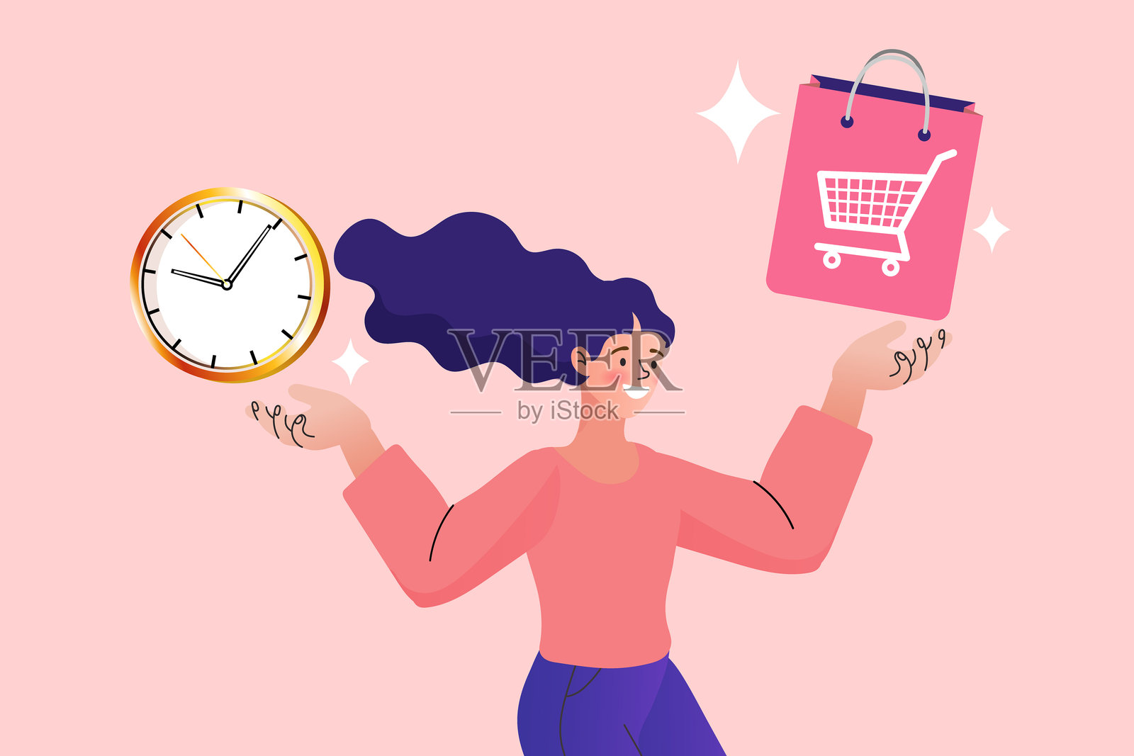 女性平衡时间与购物袋，体现时间管理概念插画图片素材