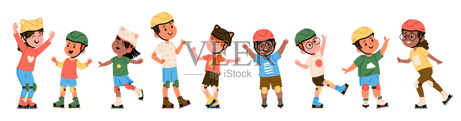 可爱儿童装备齐全，戴着头盔玩轮滑的活跃童年合集插画图片素材