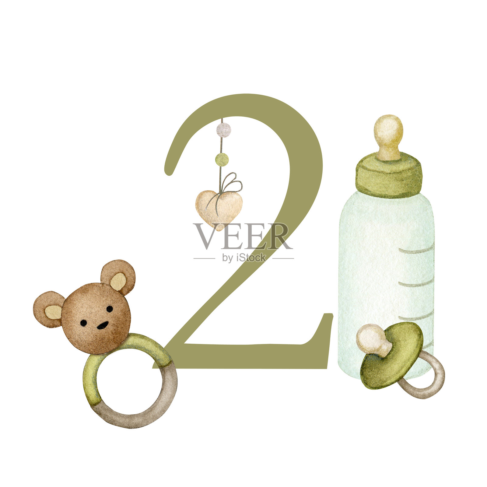 婴儿里程碑卡片。2个月。新生儿男孩或女孩。水彩婴儿月份纪念卡。捕捉宝宝第一年里所有特别的时刻。两个月大的婴儿。波西米亚复古风格。插画图片素材