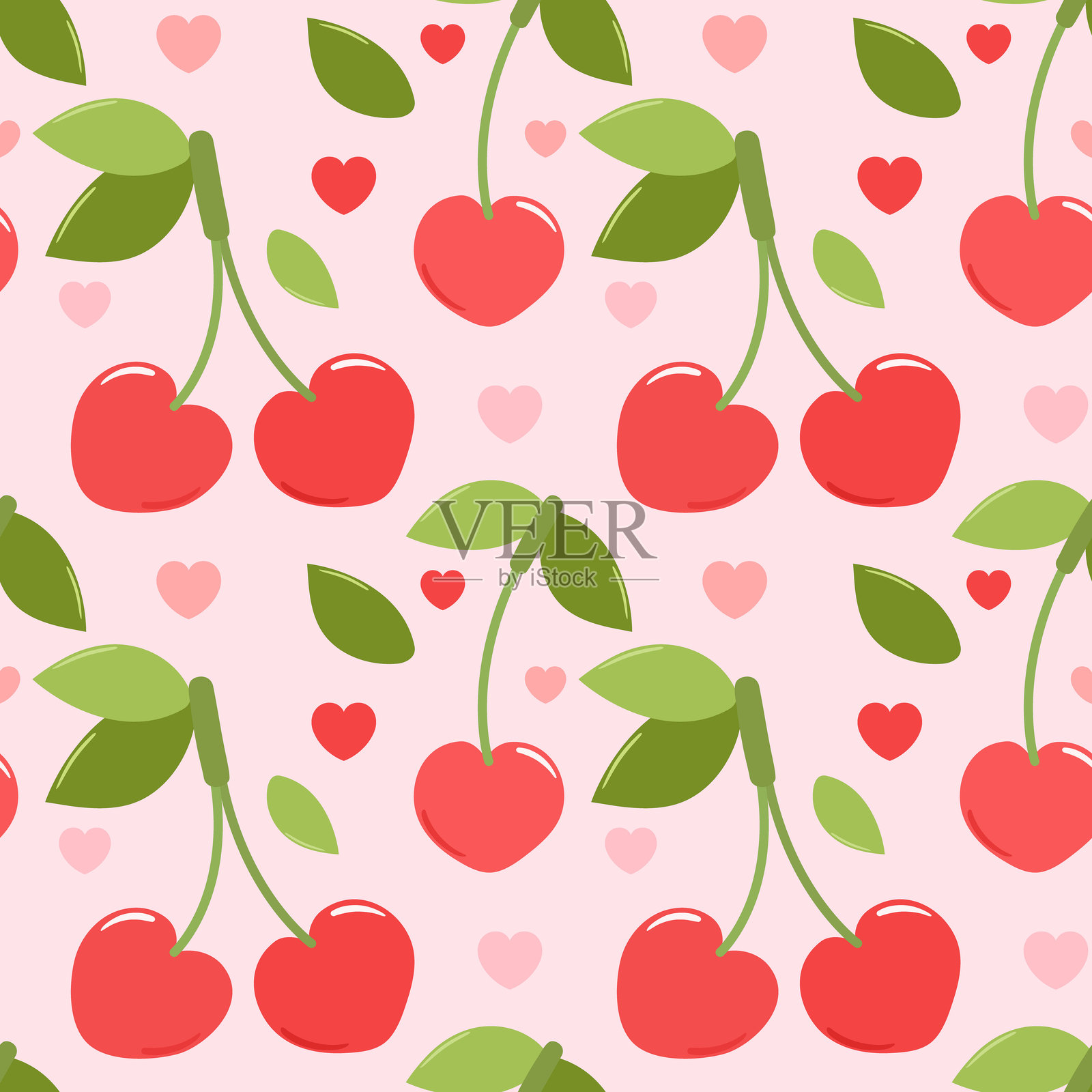 樱桃心形无缝图案。背景爱。插画图片素材