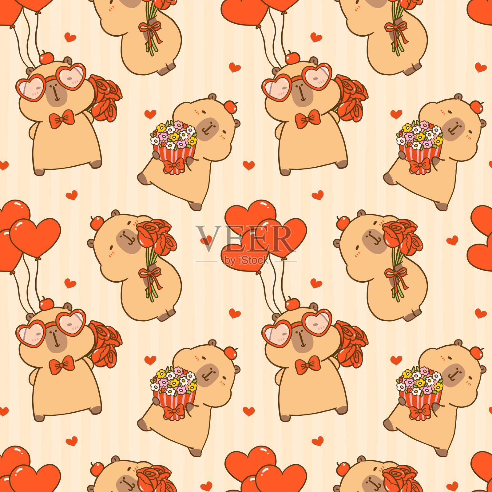 可爱的卡哇伊情人节无缝图案 水豚送爱卡通壁纸 孤立在背景上插画图片素材