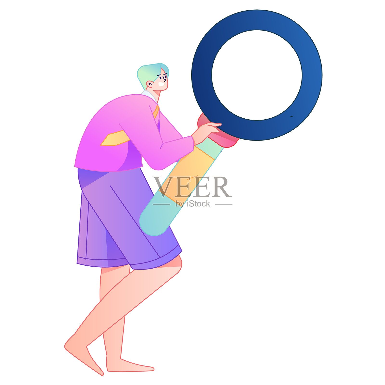 一个人拿着放大镜进行搜索、研究和观察的矢量插图。插画图片素材