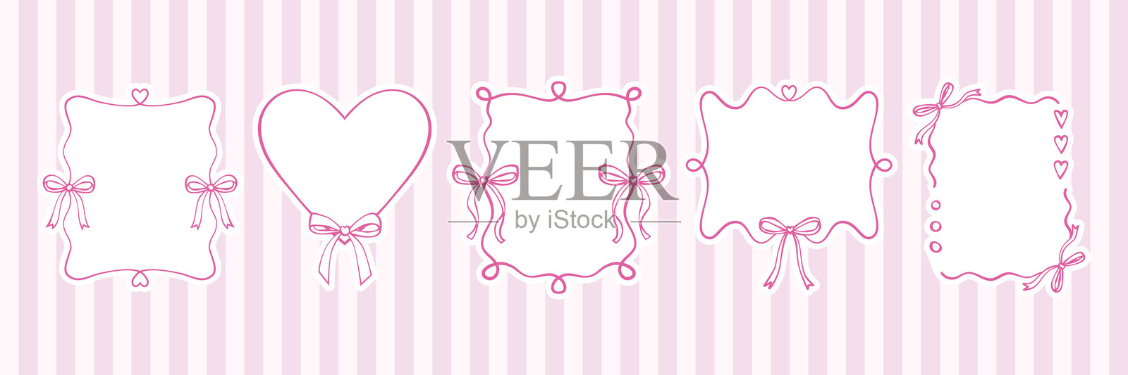 一套带有粉色丝带和蝴蝶结的边框。手工绘制的 coquettish 边框。用于贺卡、婚礼请柬的优雅浪漫设计元素。条纹粉色背景上的矢量涂鸦插画。插画图片素材