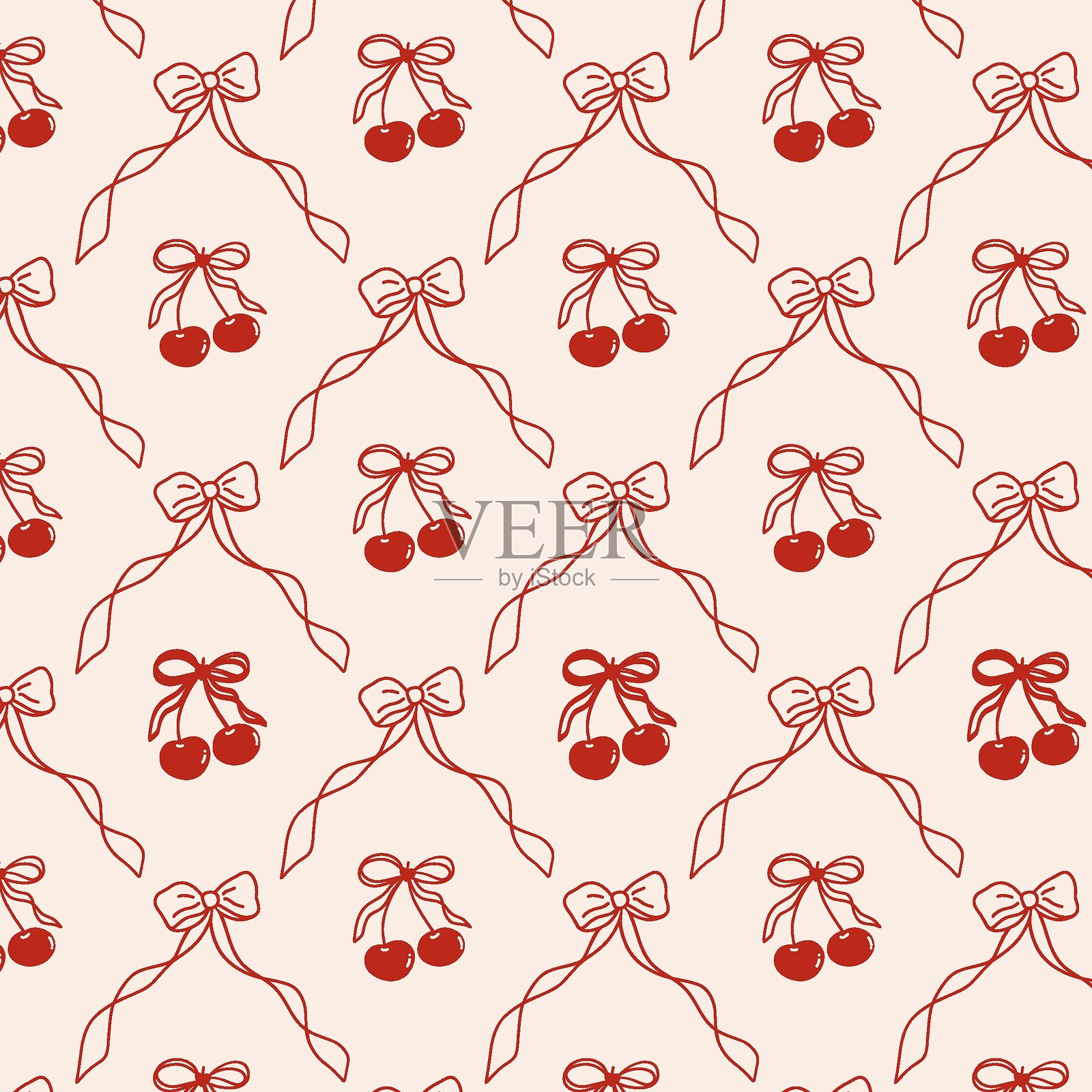 樱桃和蝴蝶结无缝图案。浮夸丝带边框，饰有涂鸦樱桃和蝴蝶结，复古异想天开的边框纹理，适用于织物、壁纸、印刷品、包装。矢量设计插画图片素材