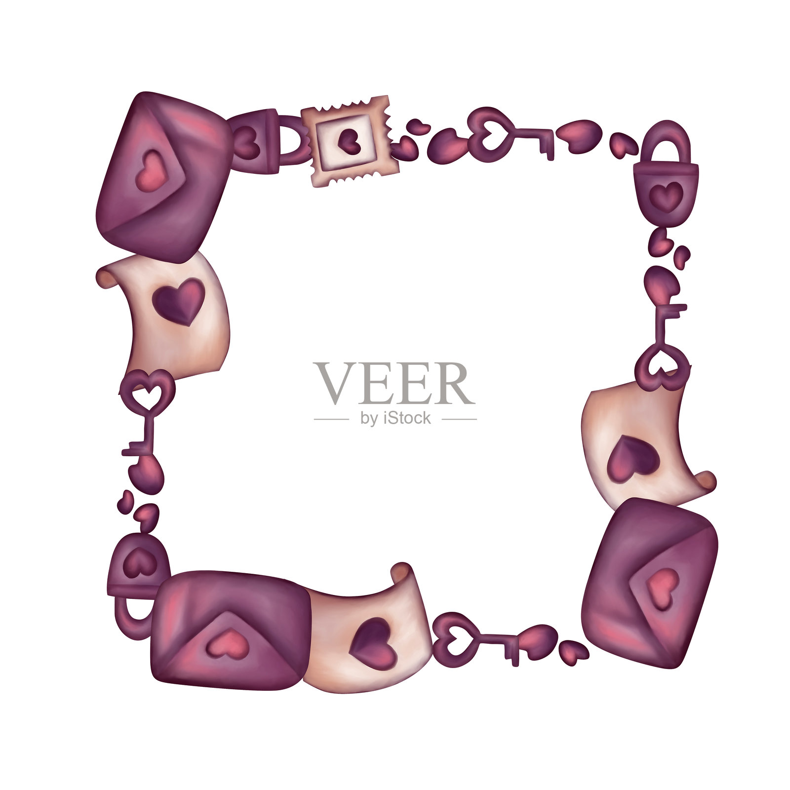 一个方形相框，里面有字母、信封、邮票、钥匙、锁和心形图案。水彩插画。设计以紫色和粉色为主色调。插画图片素材