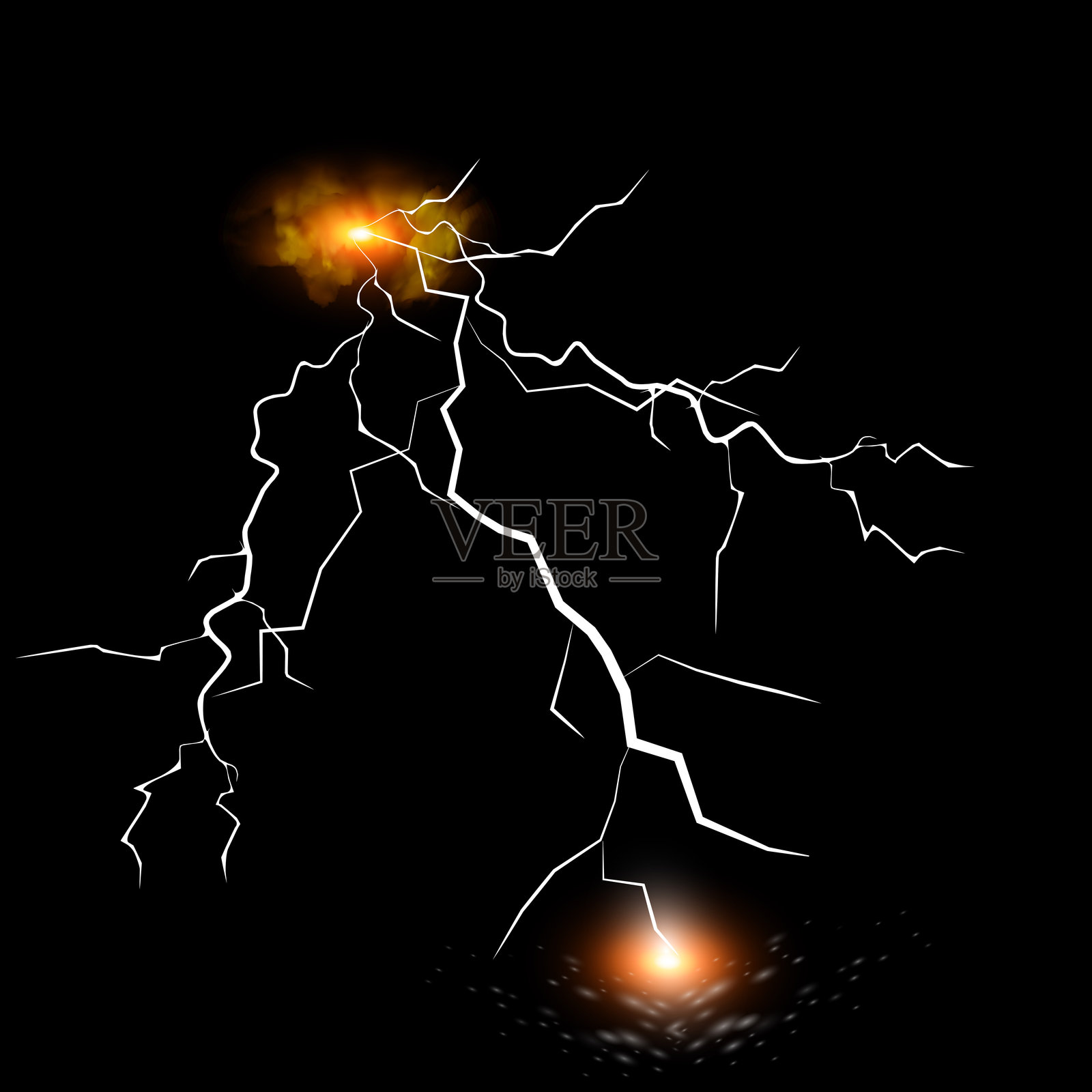 闪电。雷暴写实闪电。明亮的光效。闪电组合，魔法与明亮的光效插画图片素材