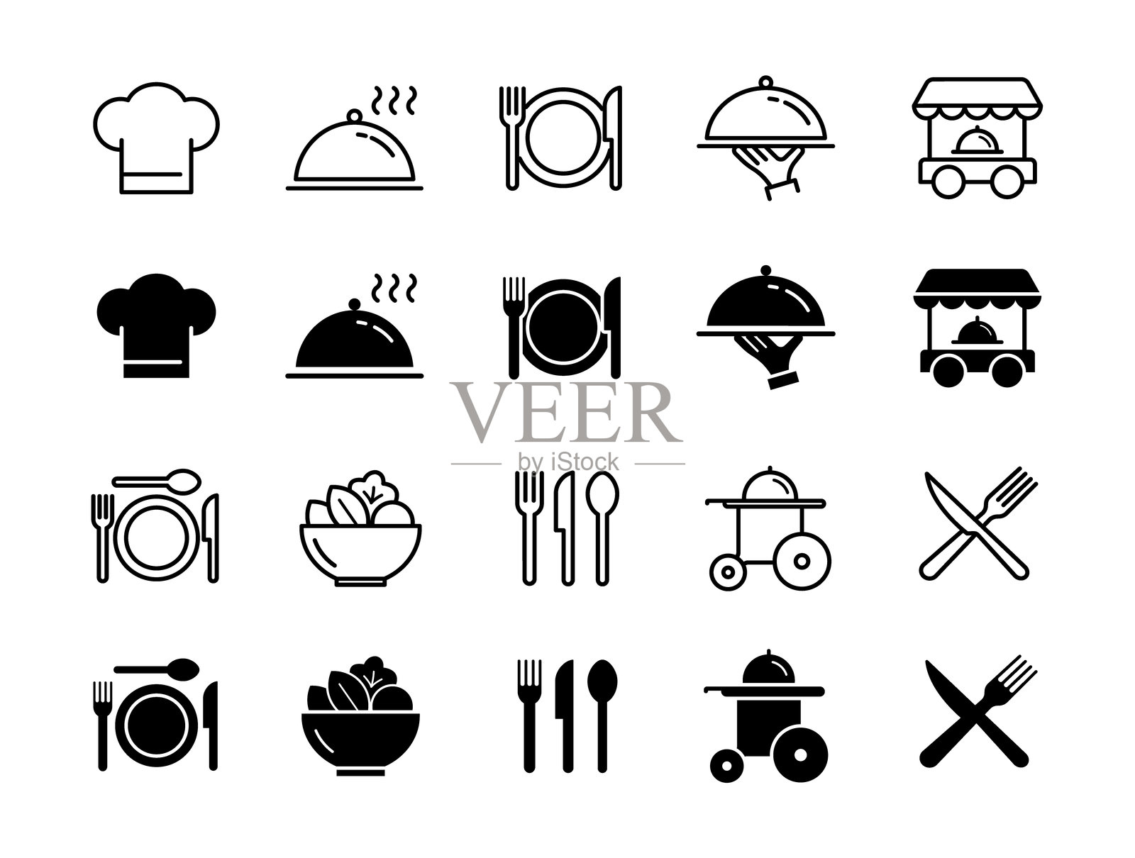 餐饮图标集。餐厅和餐具符号。矢量图。插画图片素材