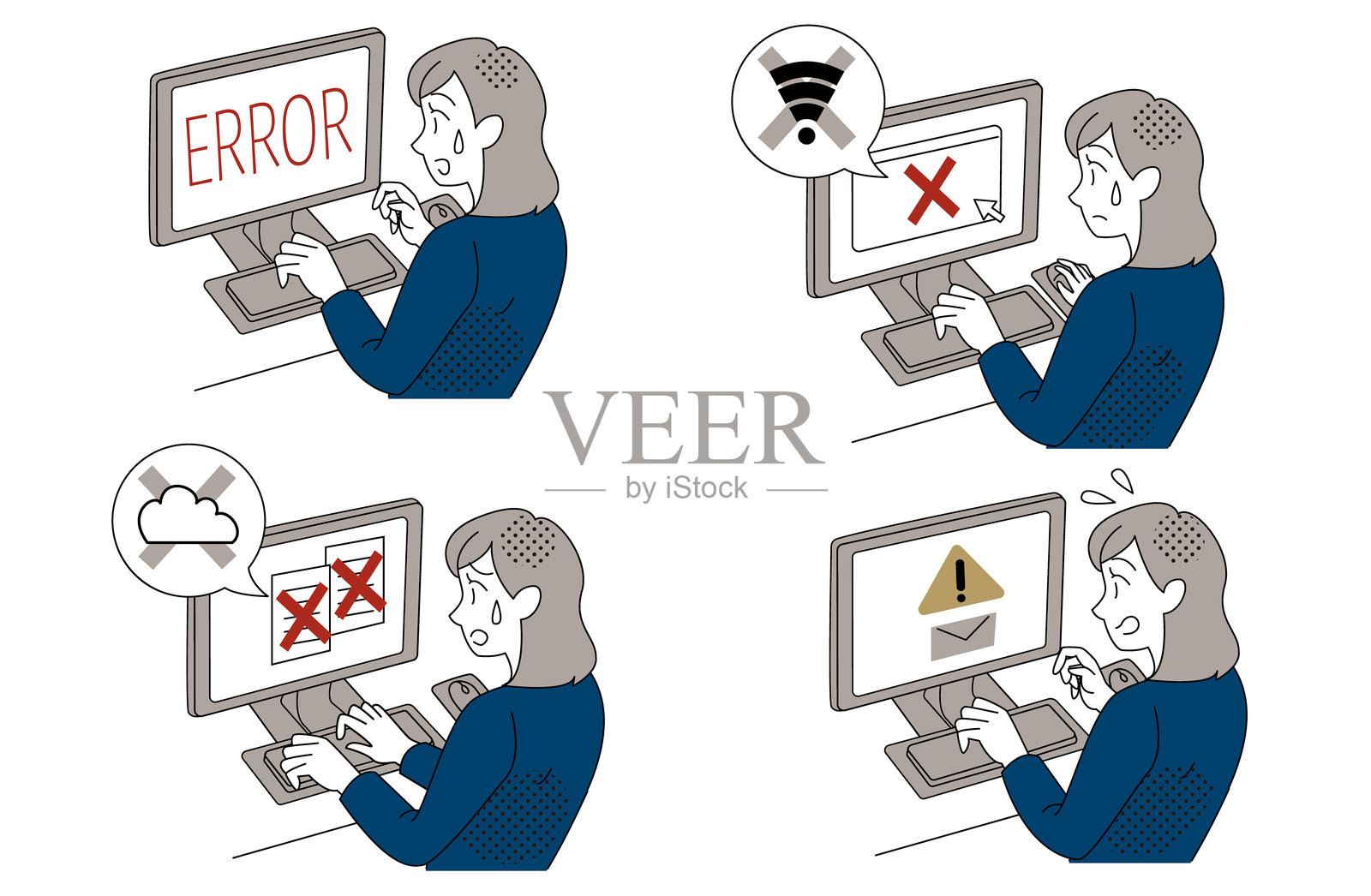 办公室女性面临多种电脑故障情况的插画插画图片素材