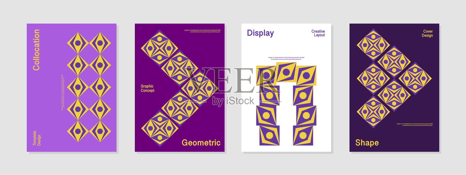 几何布局设计创意模板。这是一个紫色、黄色和白色的抽象背景模板矢量插图。插画图片素材