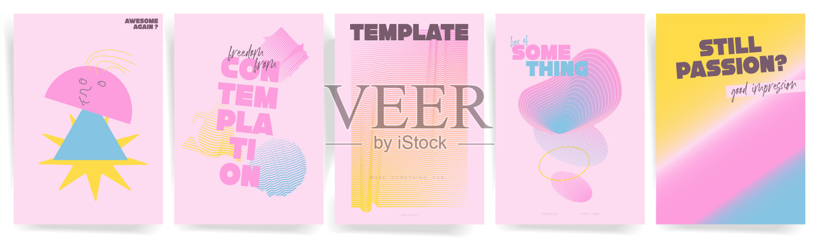 现代可爱粉色封面或海报横幅模板。柔和的抽象字体设计海报模板，带有渐变线条、几何图形、线框螺旋和极简 Y2K 瑞士风格设计。插画图片素材