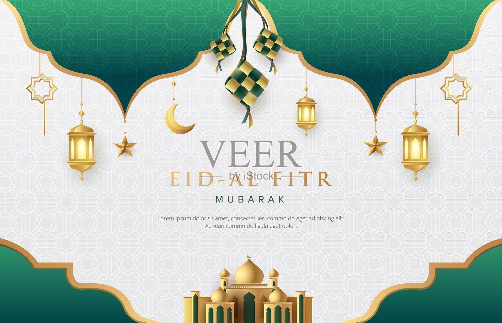 白色背景上的优雅斋月穆巴拉克问候设计，配有卡图帕特、清真寺、金色装饰星星、月亮和灯笼。插画图片素材