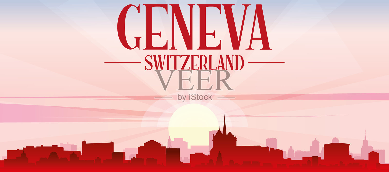 日内瓦，瑞士的城市天际线全景海报插画图片素材