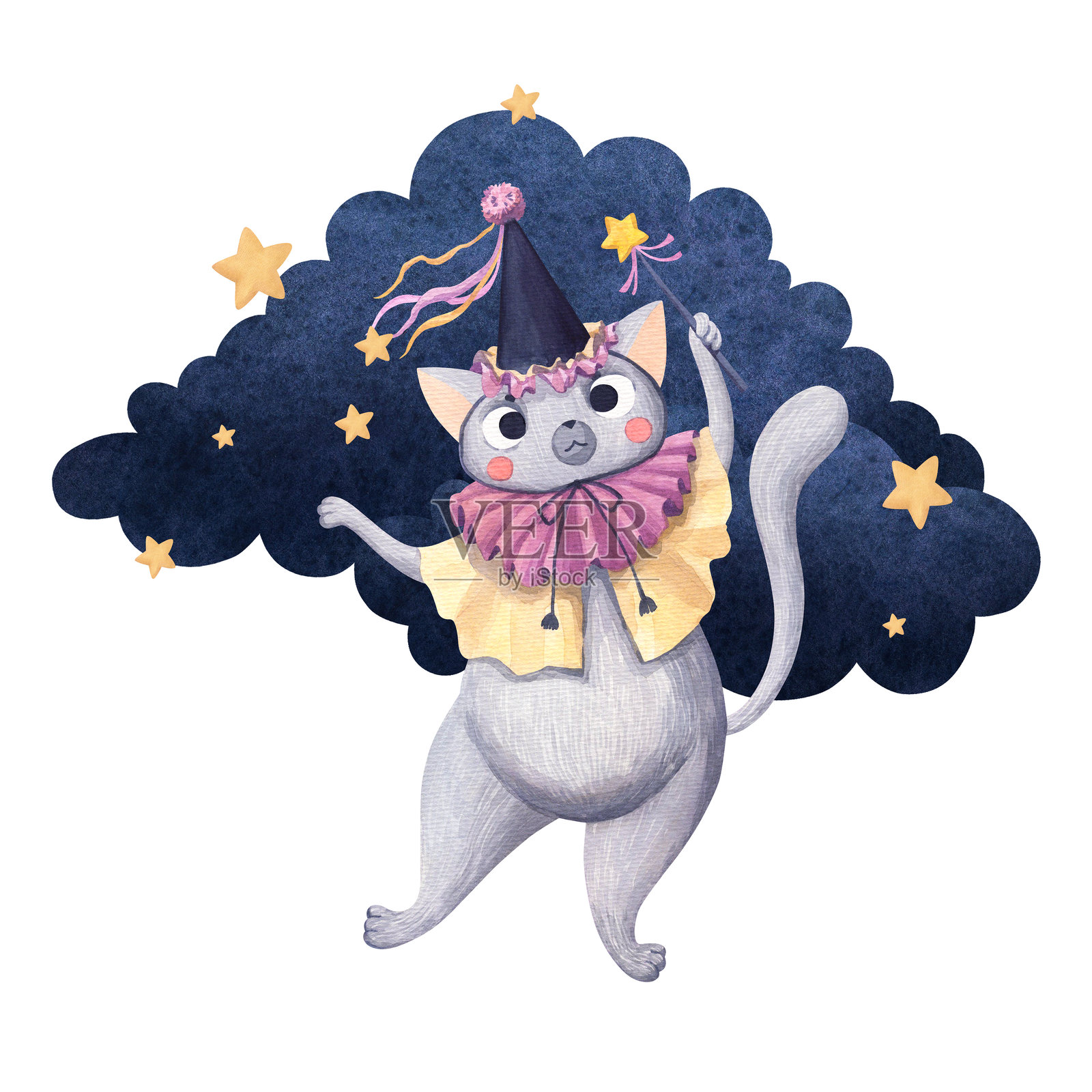一只戴着魔法帽、手持魔法棒的猫正在创造魔法般的梦境插画图片素材