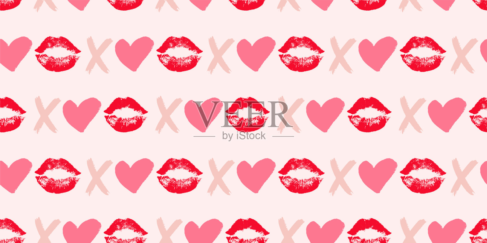 粉色无缝图案，带有亲吻、唇印、十字、圆圈。笔刷绘制的几何图形或字母。浪漫爱情主题，带有粗犷笔刷形状。适用于情人节、婚礼的无缝图案。插画图片素材