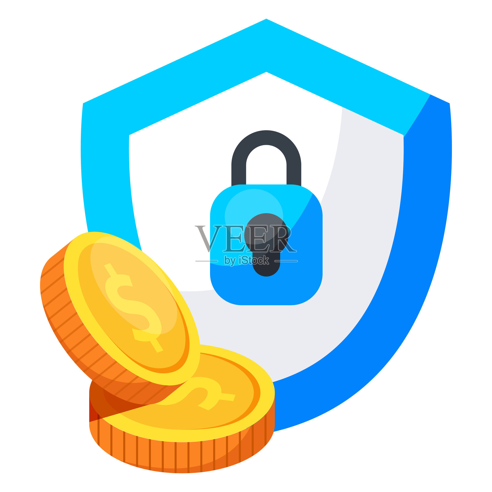 带有盾牌图标的硬币。保护图标设计插画图片素材