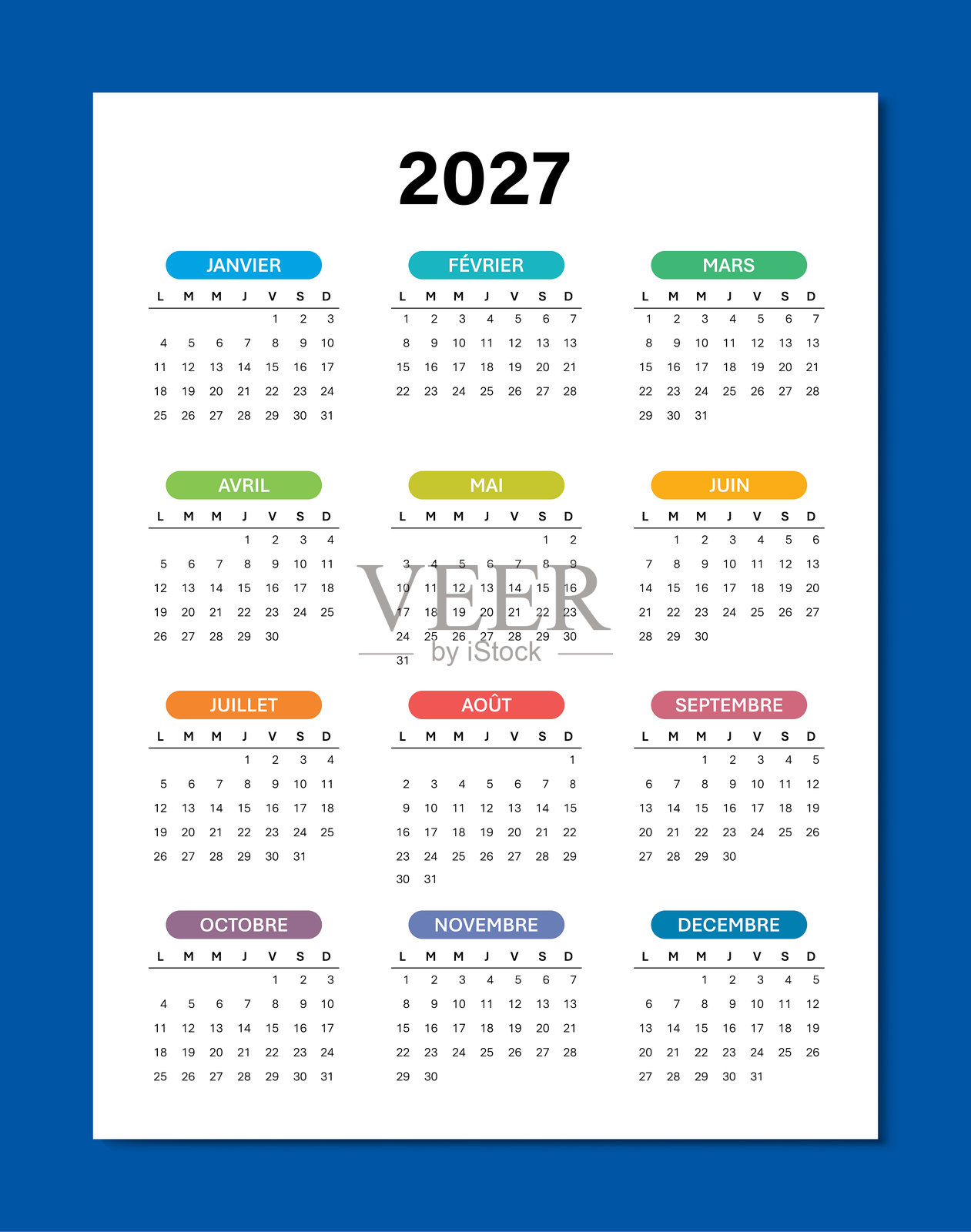 2027年日历 英文 2027年年历 2027插画图片素材