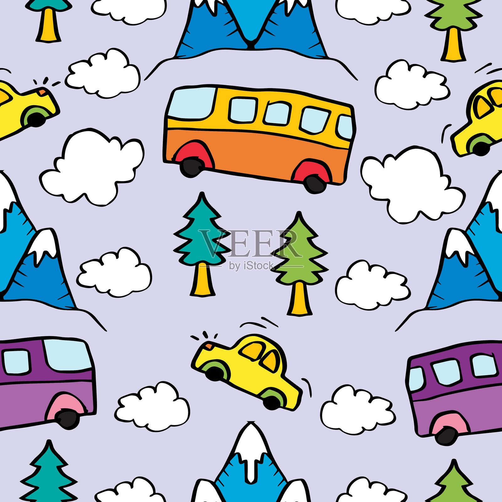 卡通巴士、树木和云朵的无缝图案。儿童矢量插画。插画图片素材