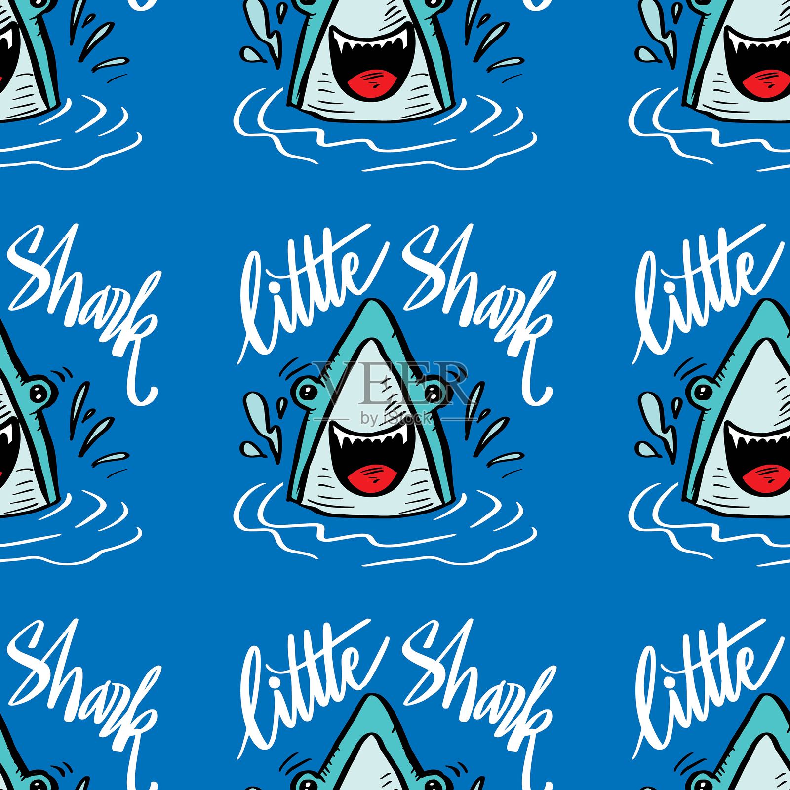 可爱的鲨鱼和手写文字的无缝矢量图案。小鲨鱼。儿童矢量插画。插画图片素材