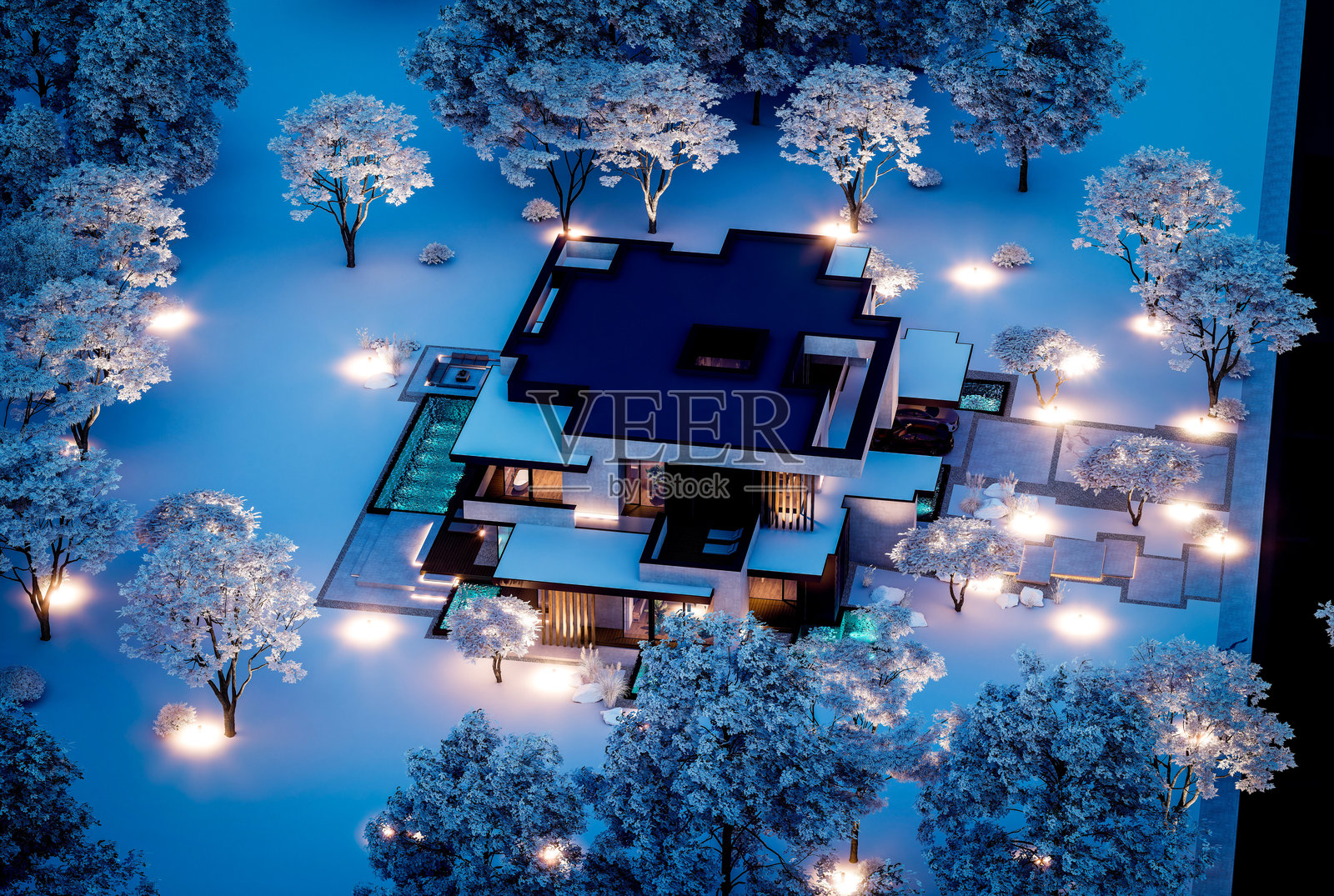 冬季夜晚，带有混凝土外墙的两层住宅的3D渲染图照片摄影图片