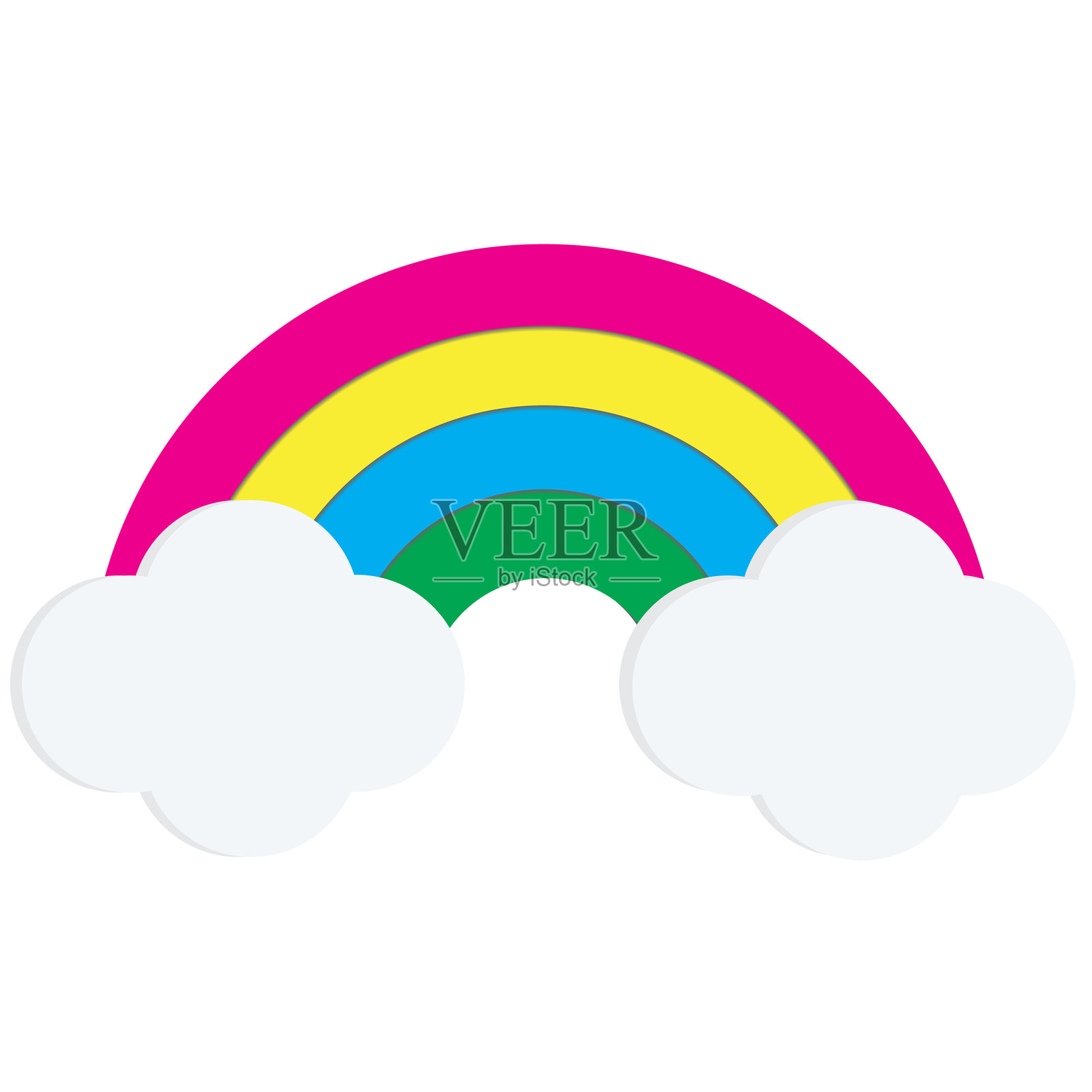 可爱的彩虹，带有蓬松的白云，孤立在白色背景上。卡通矢量插画，适用于儿童、育儿室和婴儿送礼会设计。插画图片素材