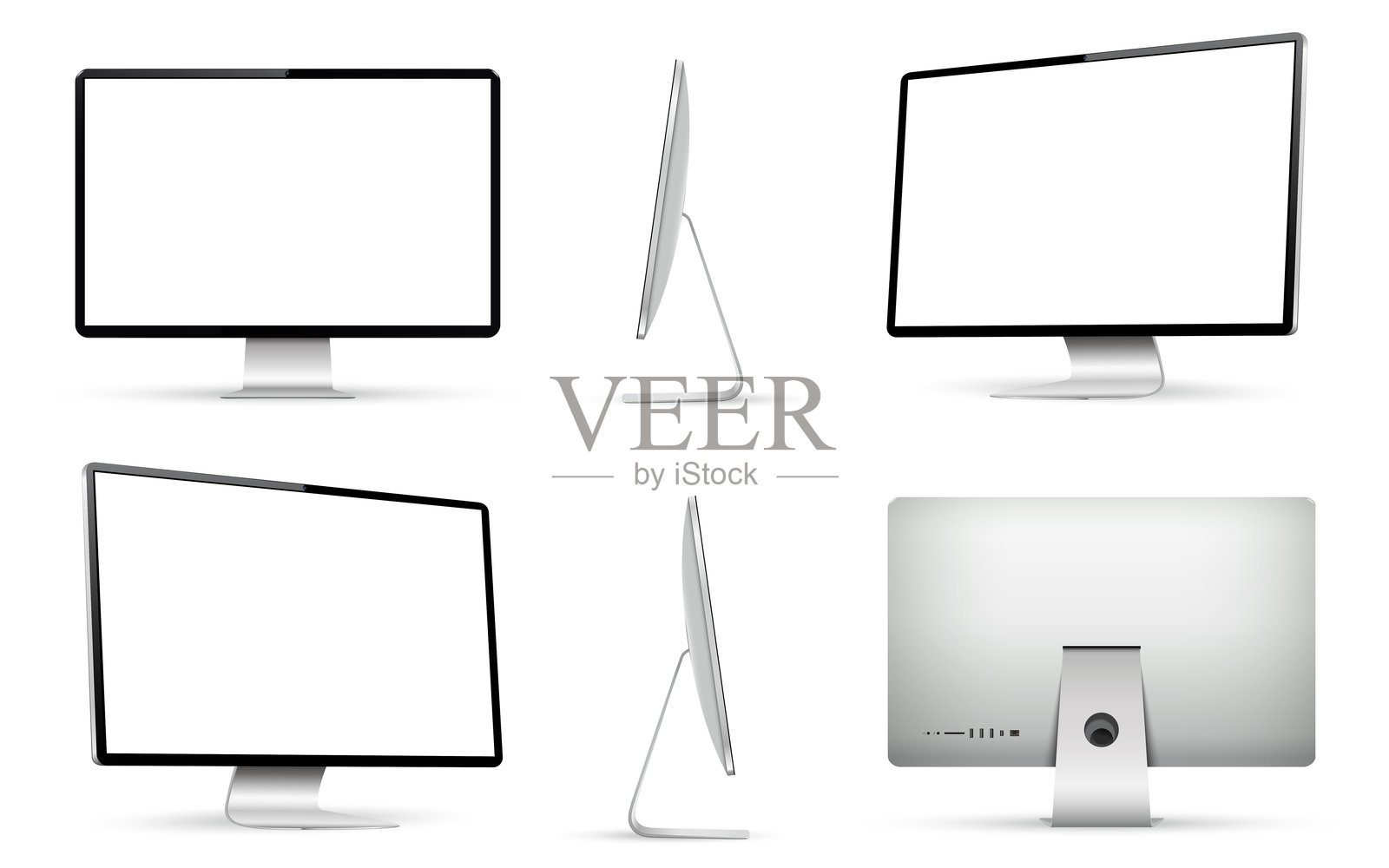 逼真的电脑屏幕模型。从不同角度观看的电脑显示器。插画图片素材