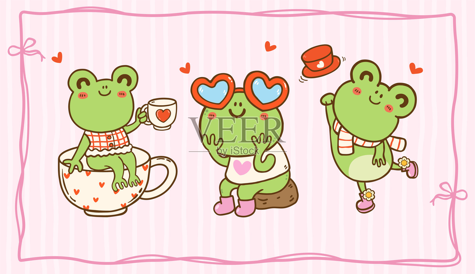 可爱情人节青蛙套装卡通角色手绘贺卡打印插画图片素材