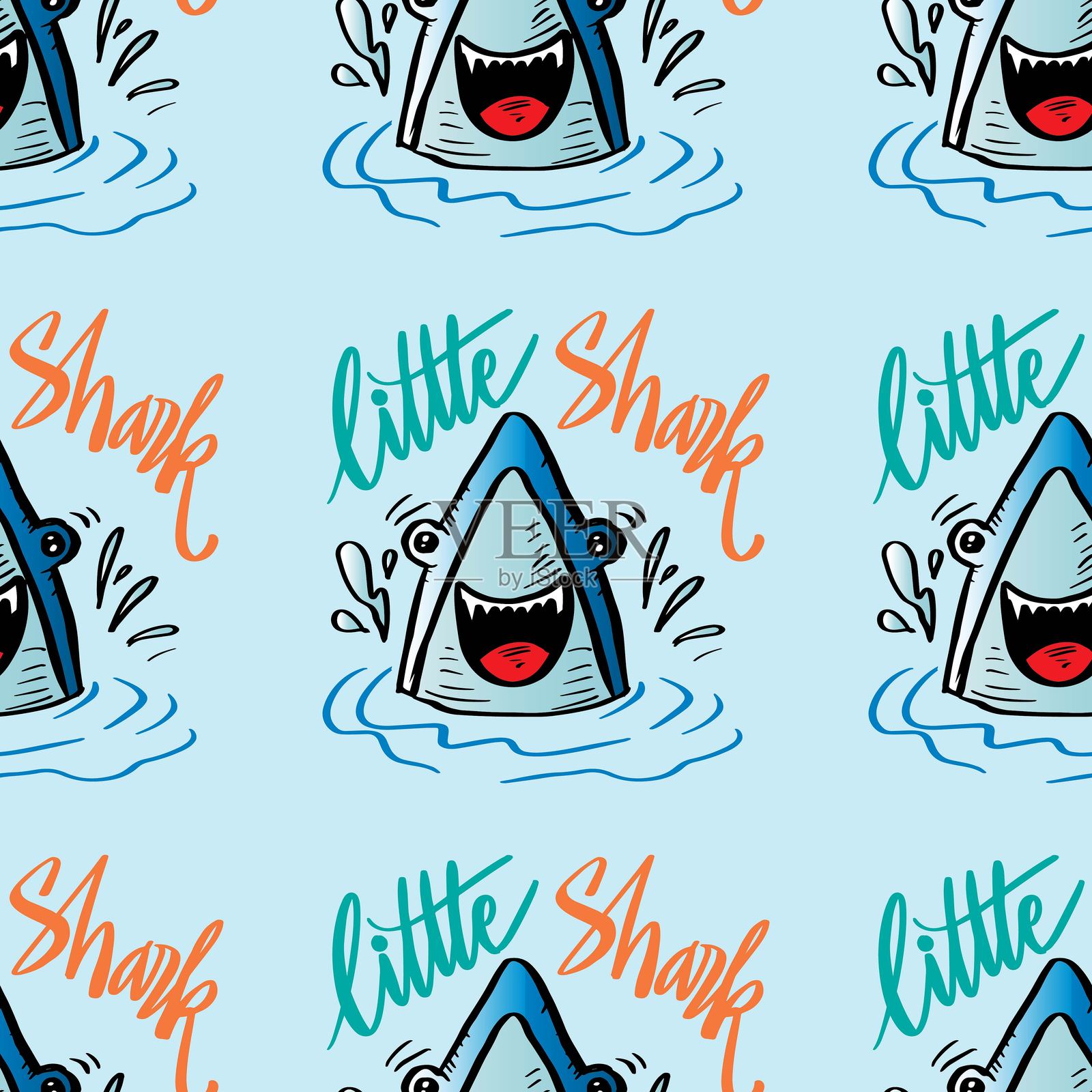 可爱鲨鱼和手写字母的无缝矢量图案。小鲨鱼。儿童矢量插画。插画图片素材