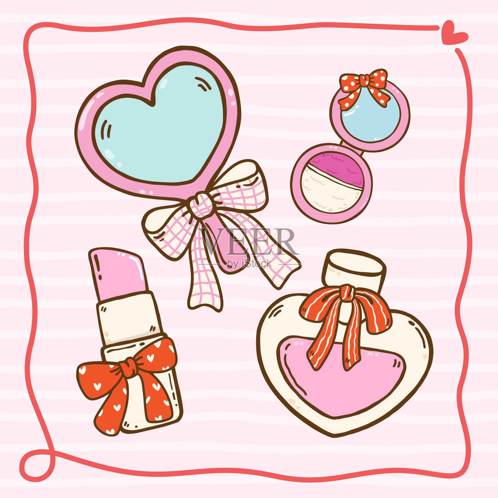 化妆品套装，包含丝带蝴蝶结元素的手绘插画插画图片素材