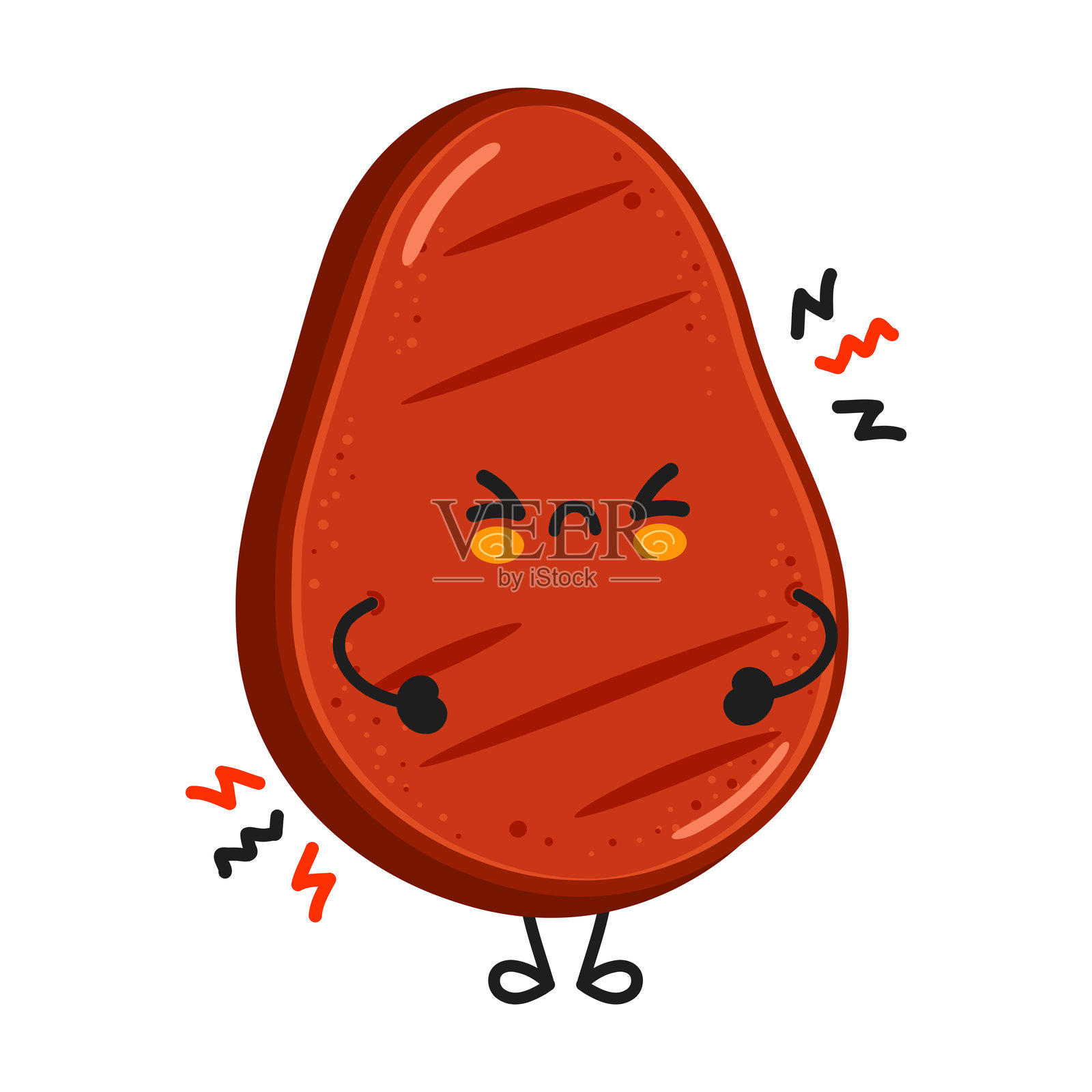 愤怒的卡通牛排角色，带有压力线条插画图片素材