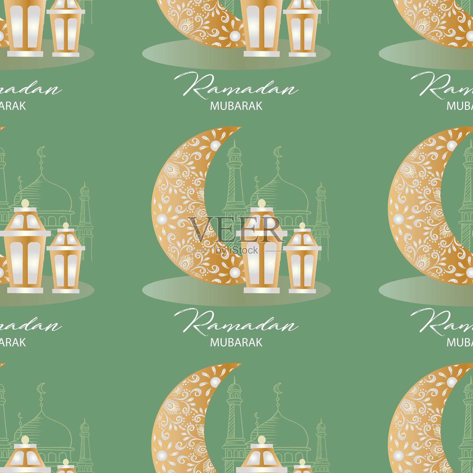 清真寺、月亮和灯笼的无缝图案。斋月背景。插画图片素材