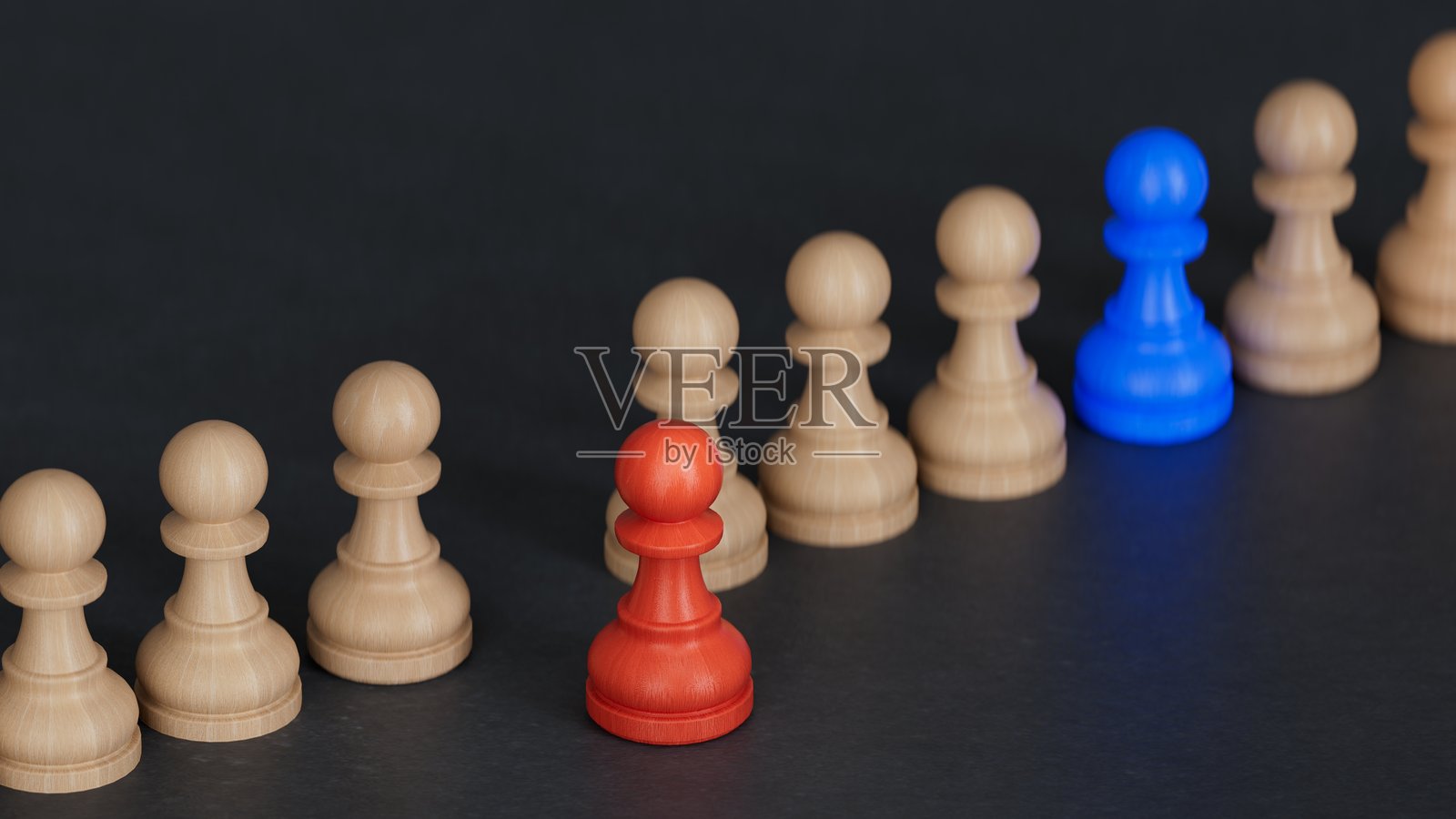 一位积极主动的员工就是领导者。从人群中走出一个蓝色的领导者。商业成功的领导力概念。黑色背景上的3D渲染。照片摄影图片