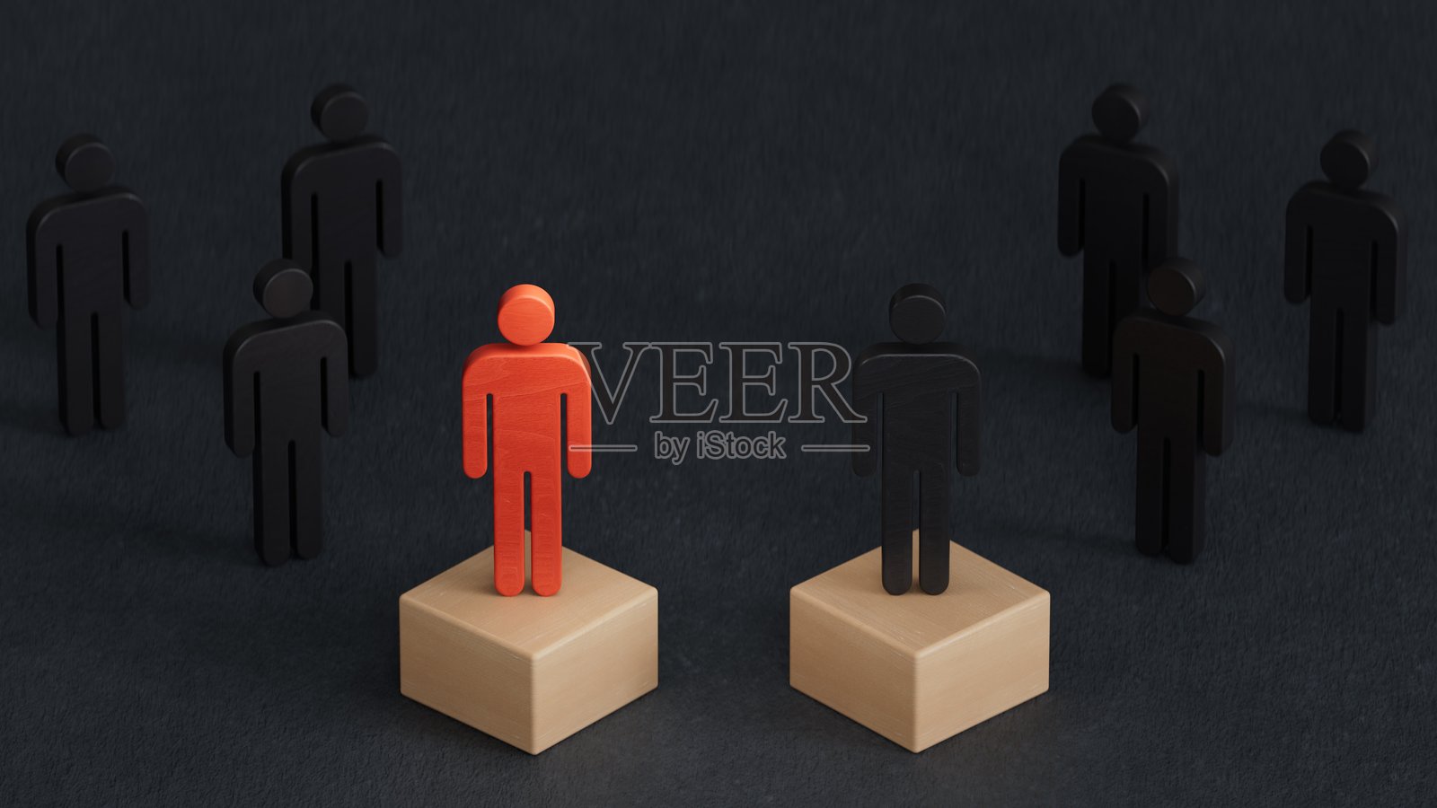 脱颖而出的两位团队领导者，象征着成功的团队领袖。 商业成功领导力概念。 黑色背景上的 3D 渲染。照片摄影图片