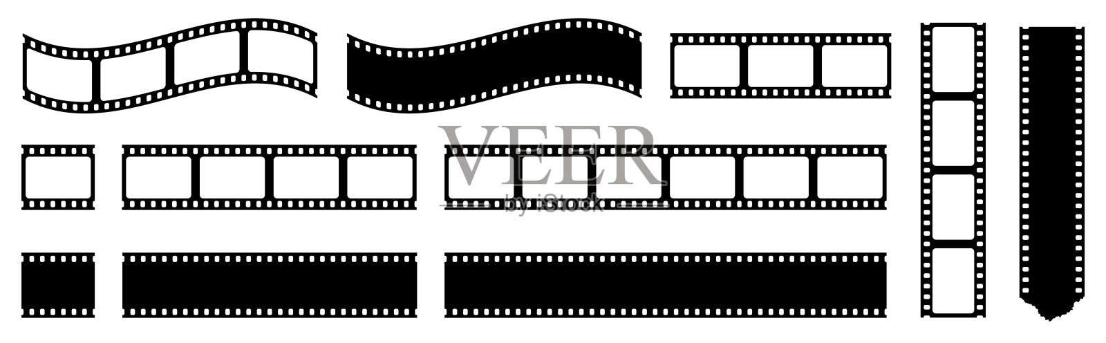 带有褪色纹理的胶片条框模板，带有空白插槽、复古电影胶带和电影胶片卷边框插画图片素材