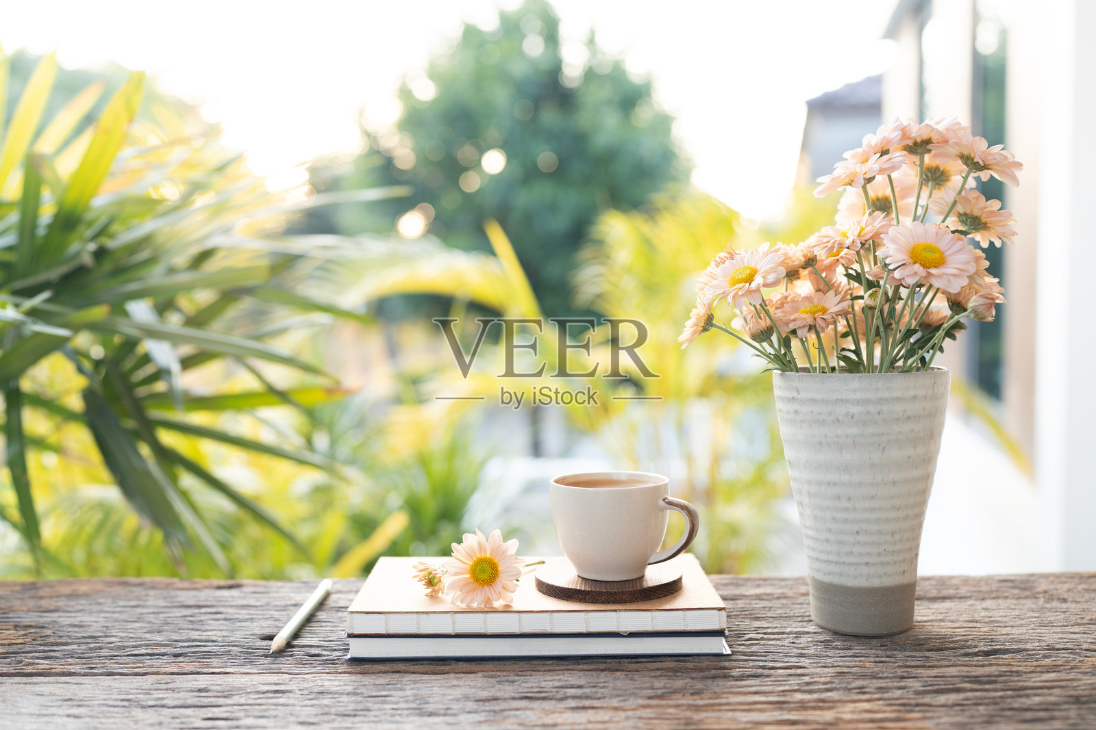 木桌上的咖啡杯、花瓶里的菊花和笔记本，背景是花园景色照片摄影图片