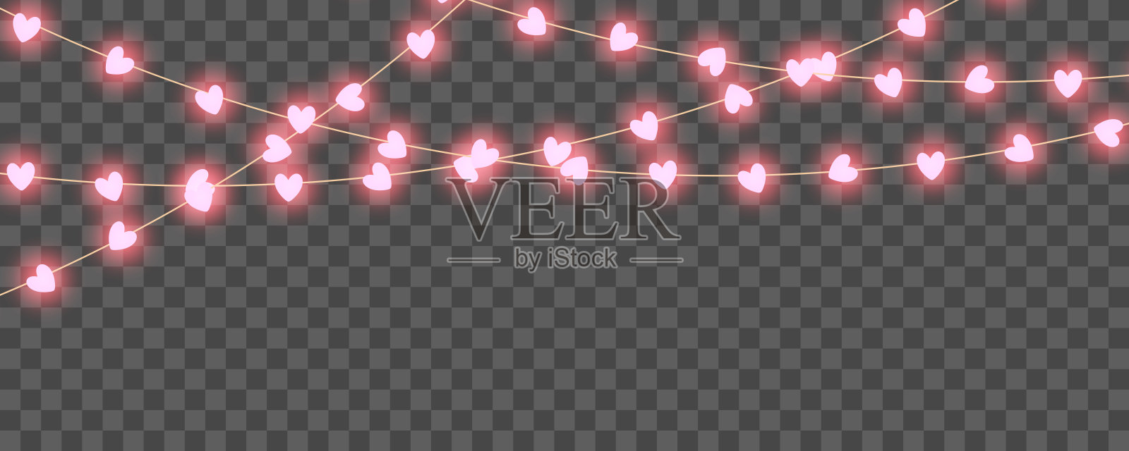 透明背景上带有发光爱心的花环，情人节装饰，花环上的灯泡呈心形 - 矢量图插画图片素材