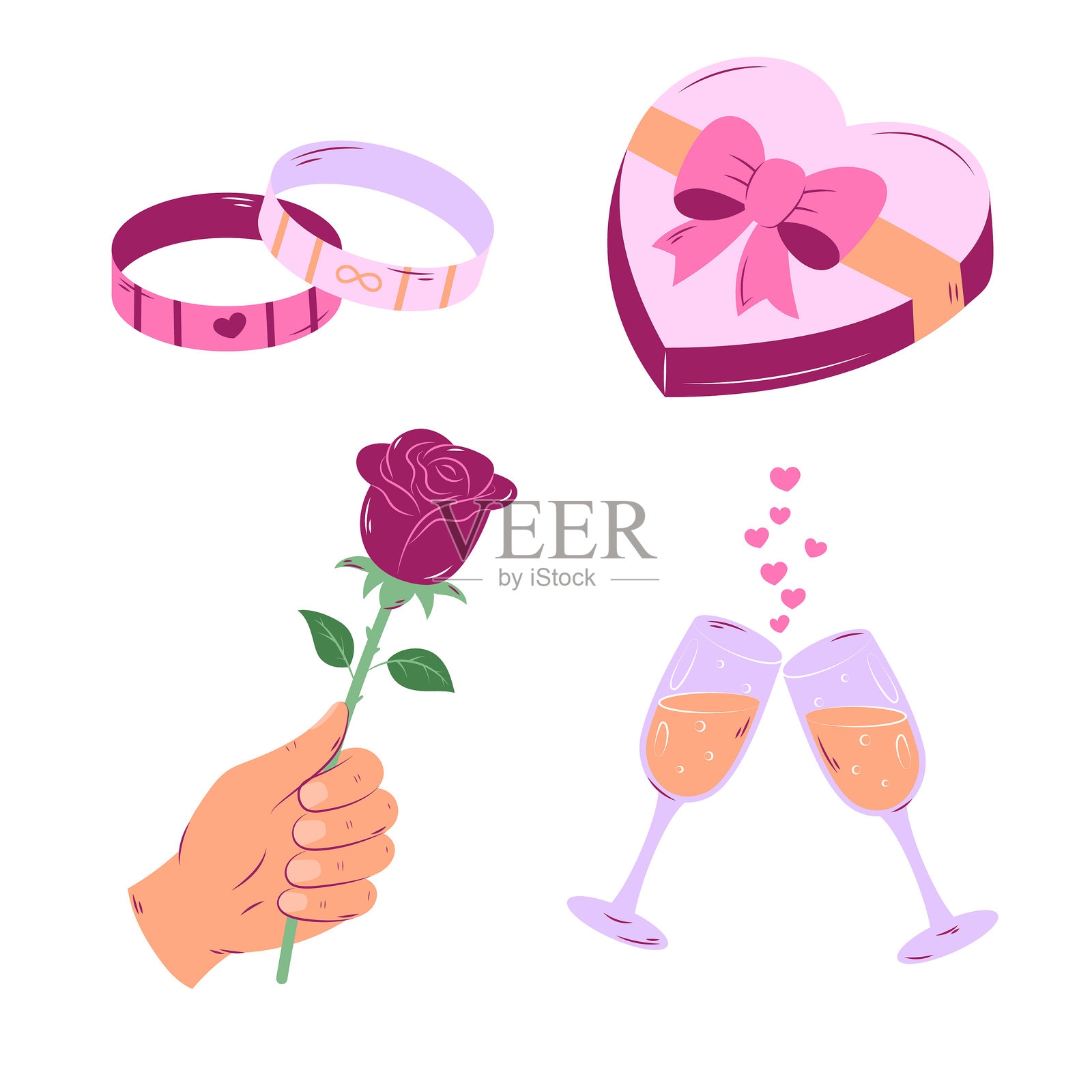 浪漫庆典套装，包含手持玫瑰和香槟酒杯图标插画图片素材