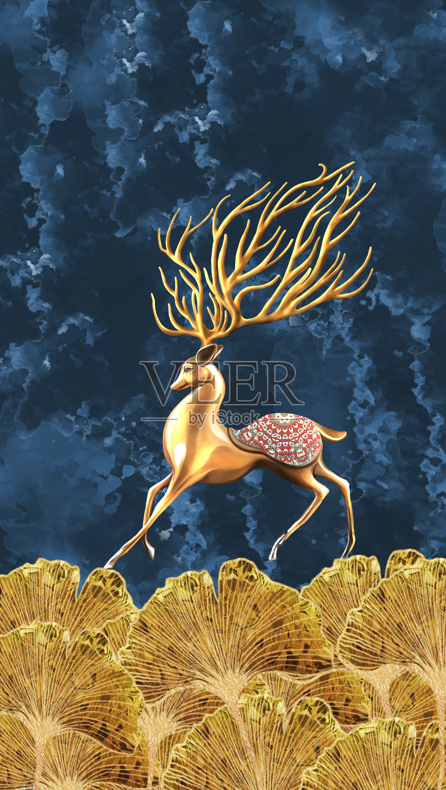 竖版深蓝色背景，金色圣诞树、金色银杏叶和鹿，置于涂绘蓝色背景上。3D插画，用于画布，可作为墙壁装饰画框。照片摄影图片