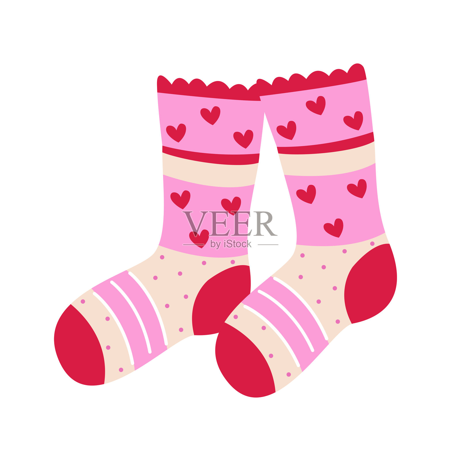 节日袜。粉色针织袜，带有红心、条纹和波点图案。适用于情人节设计的矢量插画。浪漫配饰，冬季羊毛鞋袜。插画图片素材