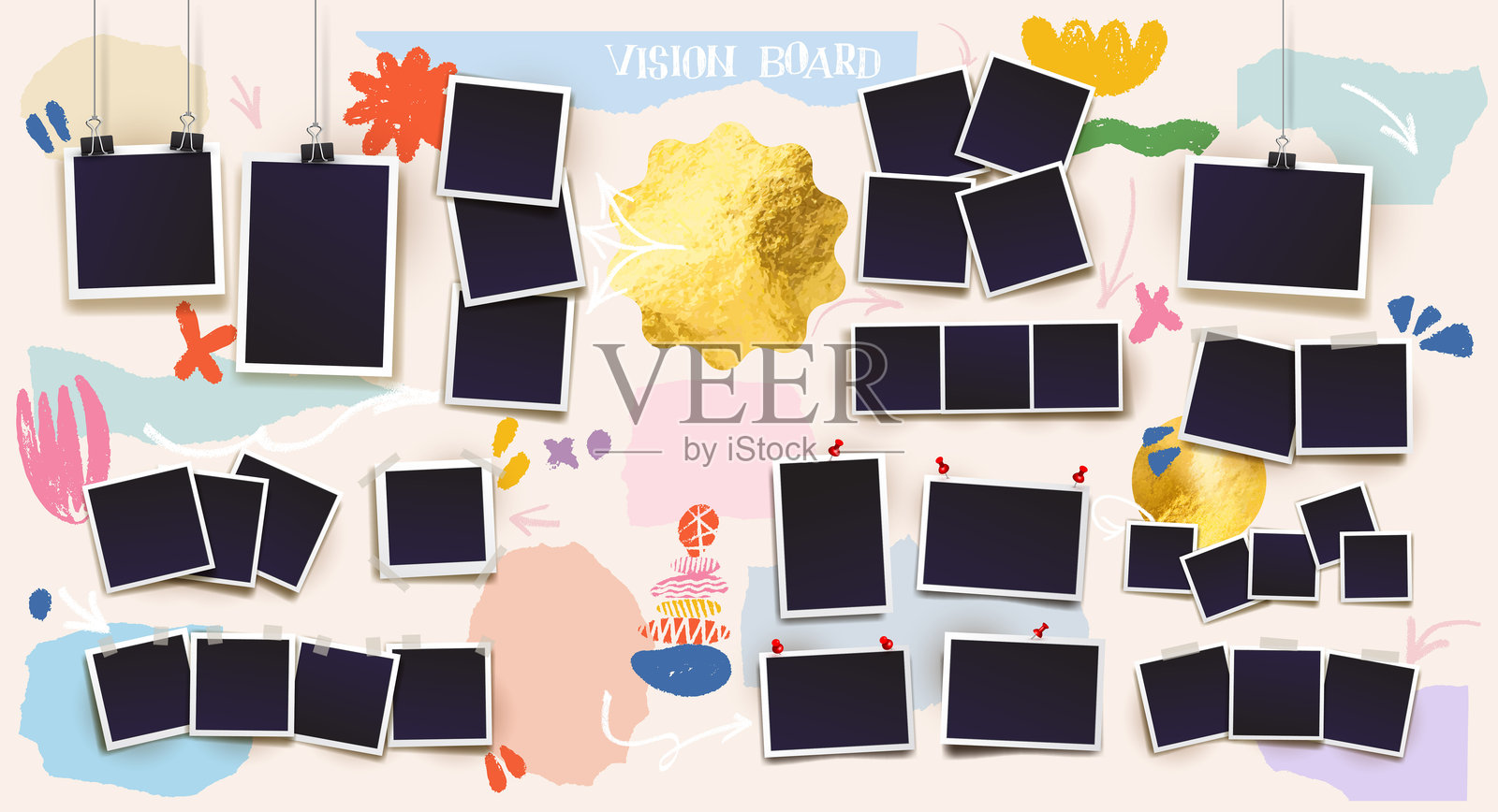 墙上贴着撕毁的纸张笔记组成的愿景板拼贴画。剪贴簿日记风格，包含自我肯定、励志元素。用于激励、规划、目标、生活设计的创意备忘录背景。插画图片素材