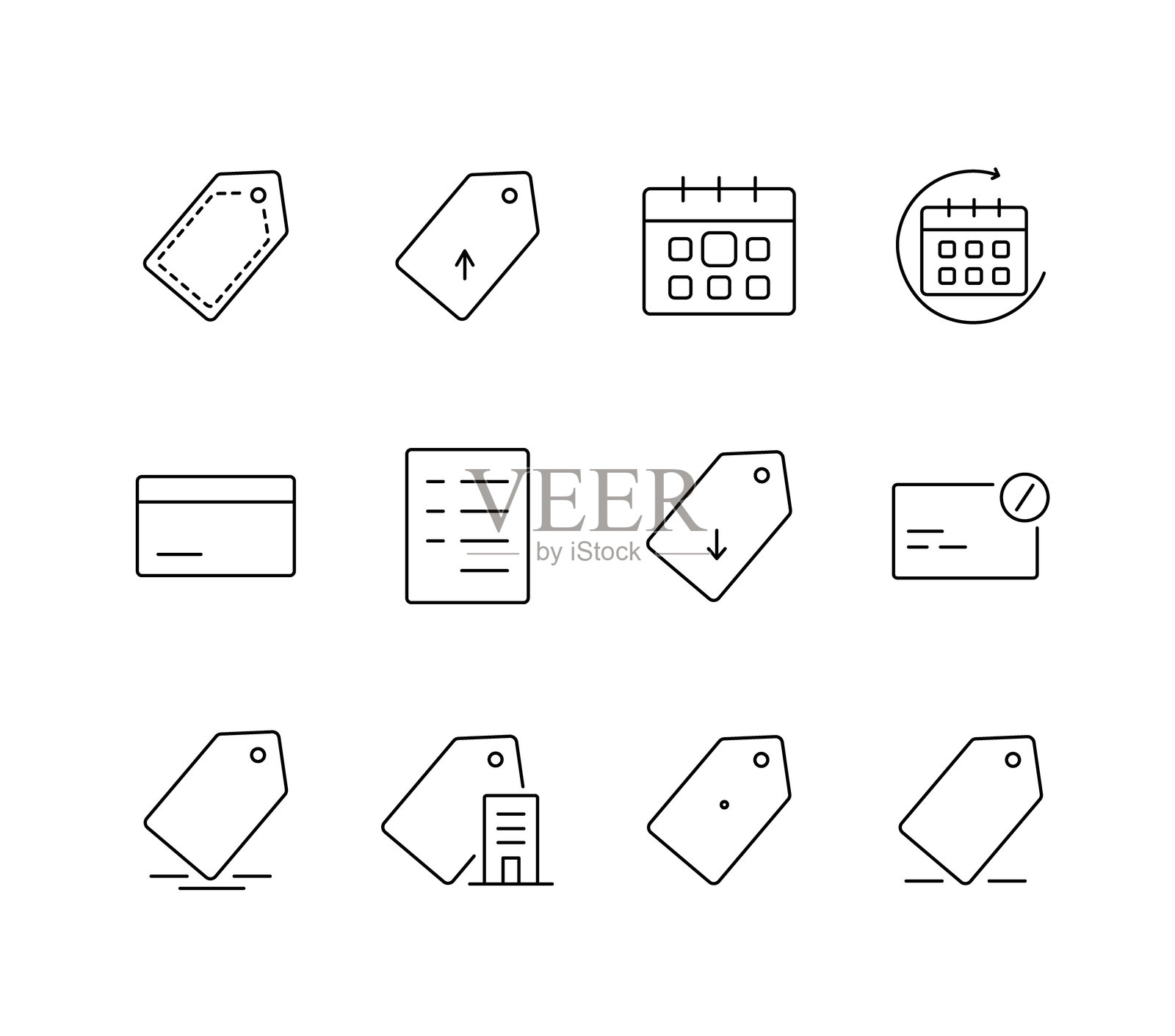 一套用于网页和应用程序界面的定价和订阅UI图标，包括套餐、账单周期、升级和支付，采用可编辑描边的线形风格插画图片素材